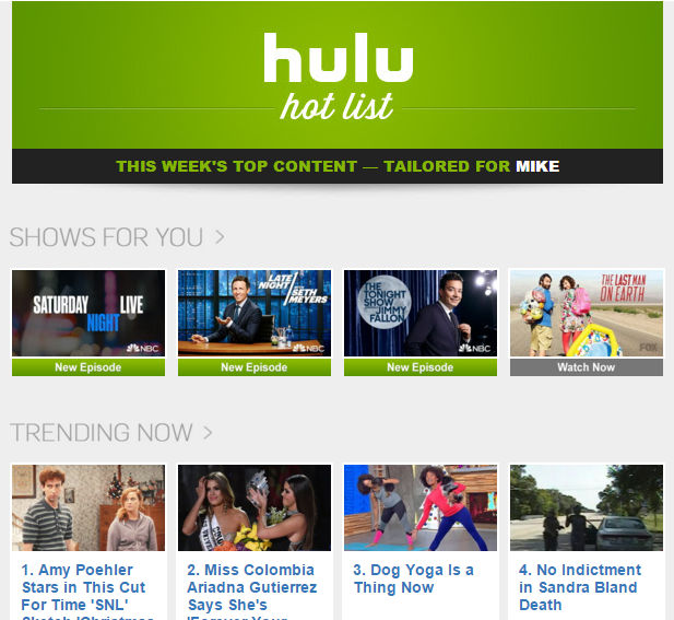 hulu personalized pop over marketing for mike